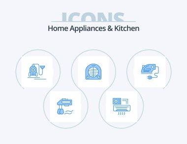 Home Appliances And Kitchen Blue Icon Pack 5 Icon Design. home. home. vacuum. heating. fan