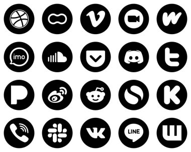 20 Minimalist White Social Media Icons on Black Background such as sound. meeting. video and imo icons. Creative and high-resolution
