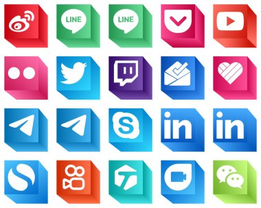 3D Social Media Brand Icons for Digital Media 20 Icons Pack such as telegram. flickr. likee and twitch icons. Eye-catching and high-definition