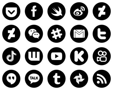 20 High-Quality White Social Media Icons on Black Background such as tweet. mail. email and spotify icons. Customizable and unique