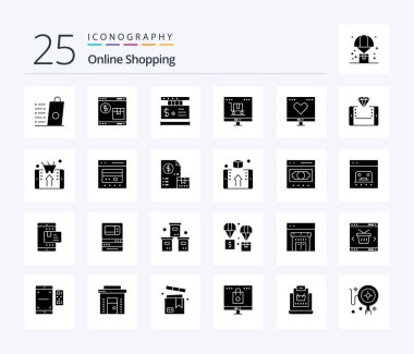 Online Shopping 25 Solid Glyph icon pack including marketing. business. shopping. advertising. online