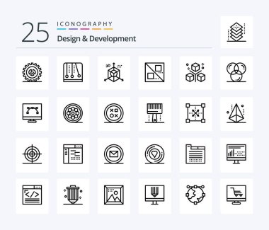 Design & Development 25 Line icon pack including coding. design. video game. cross. direction