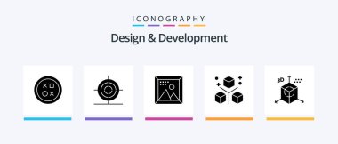 Design and Development Glyph 5 Icon Pack Including objects. design. shape. coding. picture. Creative Icons Design