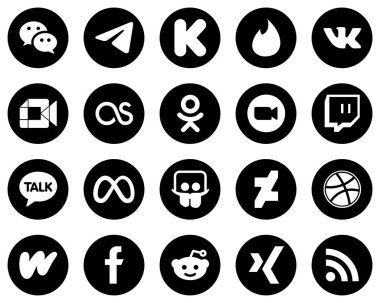 20 Versatile White Social Media Icons on Black Background such as video. vk. zoom and lastfm icons. Eye-catching and high-definition