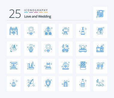 Wedding 25 Blue Color icon pack including lip stick. video camera. brougham. video. wedding