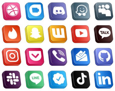 Isometric 3D Social Media Brand Icon Set 20 icons such as pocket. meta. tinder. instagram and video icons. High-resolution and editable