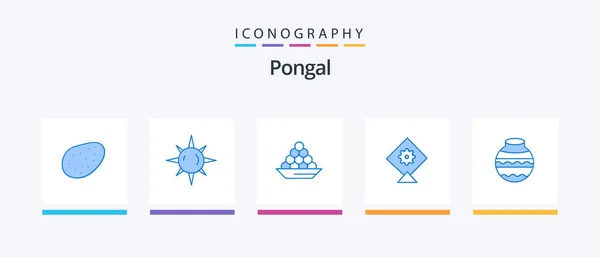 Pongal Blue Icon Pack Including Water Pot Dessert Festival Treat — Vettoriale Stock