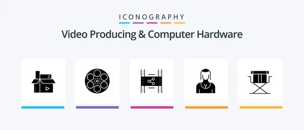 Video Producing Computer Hardware Glyph Icon Pack Including Character Actress — Stockový vektor