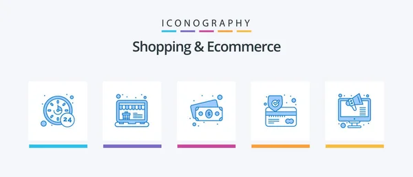 Shopping Ecommerce Blue Icon Pack Including Shop Marketing Banknote Protection — Image vectorielle