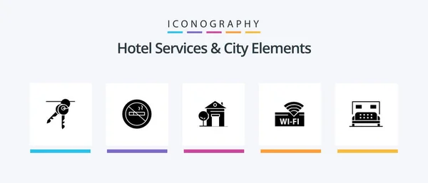 Hotel Services City Elements Glyph Icon Pack Including Bed Device — Wektor stockowy