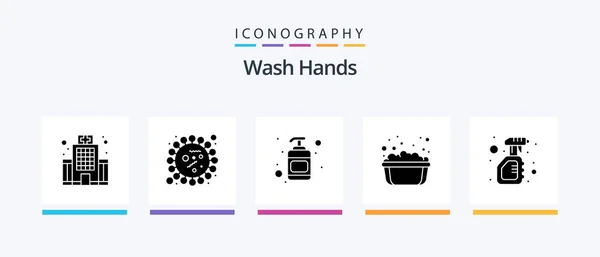 Wash Hands Glyph Icon Pack Including Solid Soapy Water Bacteria — Stock Vector
