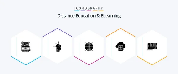 Distance Education Elearning Glyph Icon Pack Including File Upload Focus — Stock Vector