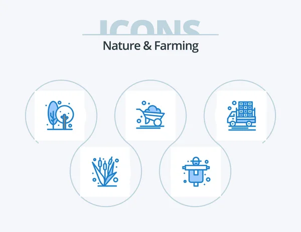 Nature Farming Blue Icon Pack Icon Design Wheelbarrow Farm Scarecrow — Stockvector