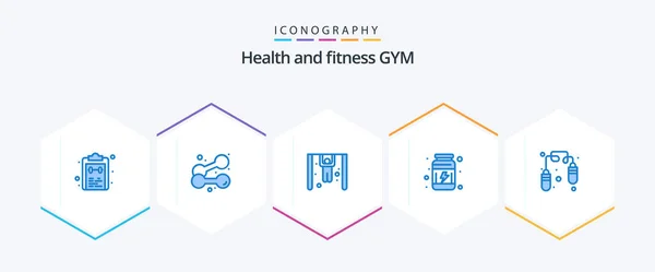 Gym Blue Icon Pack Including Fitness Vitamins Weightlifting Supplement Gym — Image vectorielle