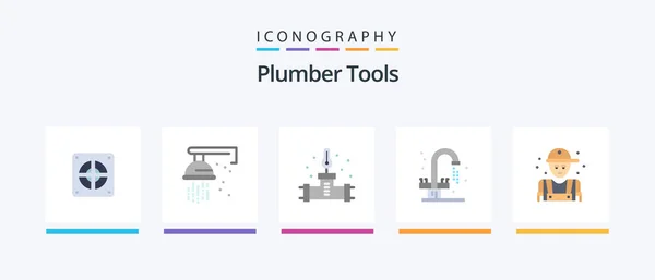 Plumber Flat Icon Pack Including Mechanic Sink Pipe Plumbing Bathroom — Vettoriale Stock