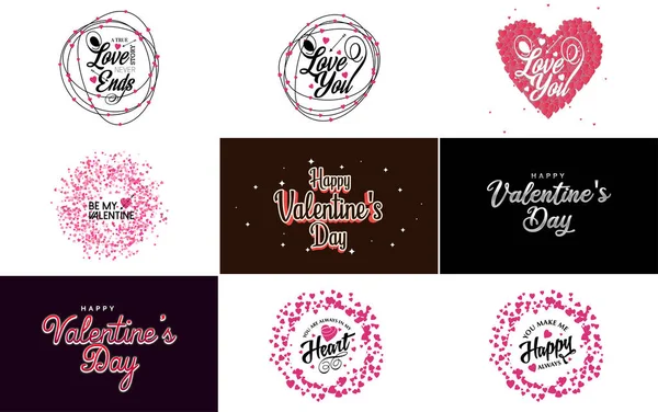 Hand Drawn Black Lettering Valentine Day Pink Hearts White Background — Vector de stock