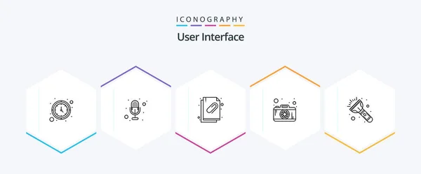 User Interface Line Icon Pack Including Light Attachment Flash Camera — Stock vektor
