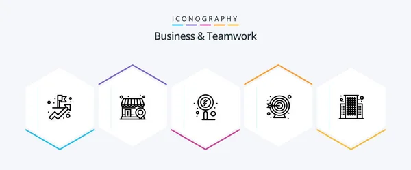 Business Teamwork Line Icon Pack Including Business Search Building Goal — Stock vektor