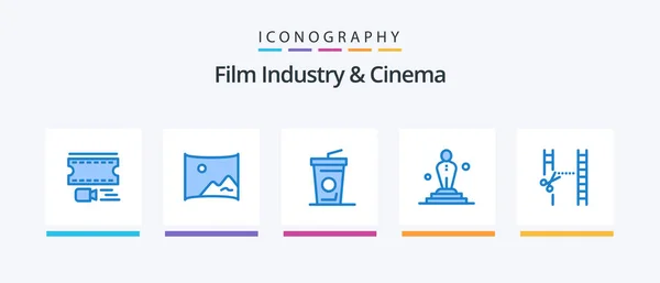 Cenima Blue Icon Pack Including Cutting Cinema Beverage Oscar Film — Stock Vector