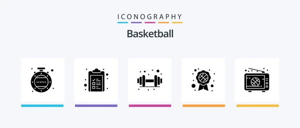 Basketball Glyph Icon Pack Including Live Gym Basketball Recognition Badge - Stok Vektor