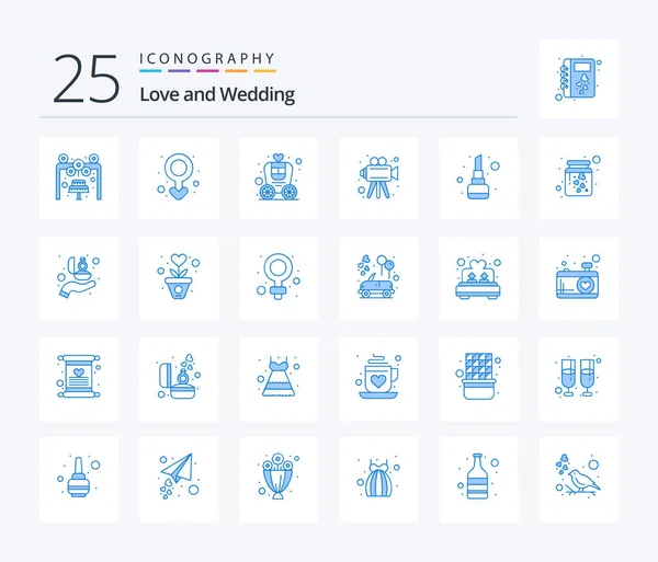 Wedding Blue Color Icon Pack Including Lip Stick Video Camera — Stockvector