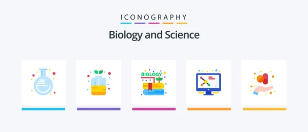 Biology Flat Icon Pack Including Capsule Molecule Book Screen Atom — Image vectorielle