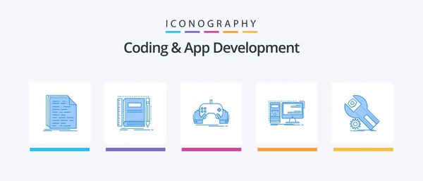 Coding App Development Blue Icon Pack Including Desktop Pocket App — ストックベクタ