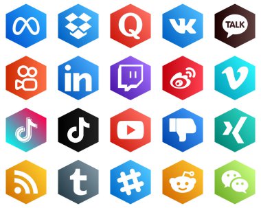 25 High-quality White Icons such as tiktok. vimeo. linkedin and sina icons. Hexagon Flat Color Backgrounds
