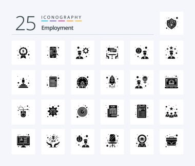 Employment 25 Solid Glyph icon pack including promotion concept. personal up gradation. online. teamwork. interview