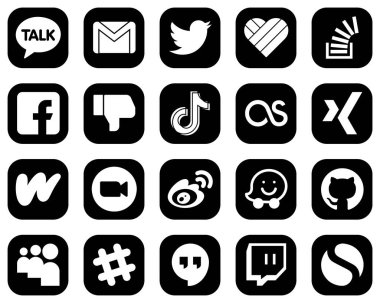 20 Attractive White Social Media Icons on Black Background such as douyin. facebook. question. dislike and fb icons. Modern and professional