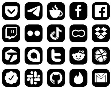 20 Simple White Social Media Icons on Black Background such as video. fb. douyin and yahoo icons. Fully customizable and professional