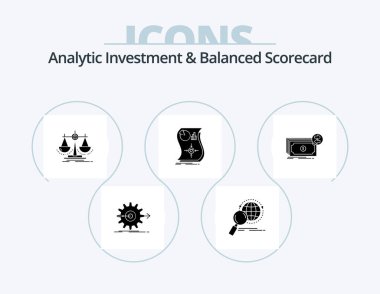 Analytic Investment And Balanced Scorecard Glyph Icon Pack 5 Icon Design. love. scale. magnifier. law. decision