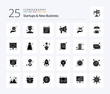 Startups And New Business 25 Solid Glyph icon pack including graph. analysis. analysis. speaker. marketing