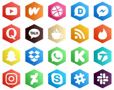 Hexagon Flat Color White Icon Set such as tinder. rss. fb and caffeine icons. 25 Professional Icons