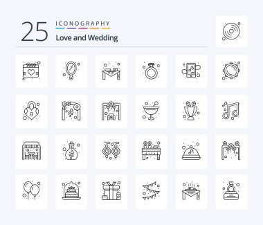 Wedding 25 Line icon pack including app. ring. dinner. jewelry. gift diamond