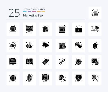 Marketing Seo 25 Solid Glyph icon pack including portfolio. video. bag. online. like
