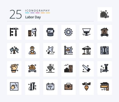 Labor Day 25 Line Filled icon pack including brush. blades. wood. cutter. weld