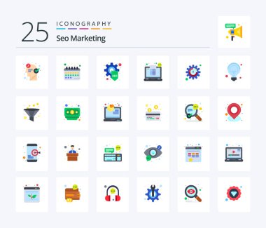Seo Marketing 25 Flat Color icon pack including ticket. receipt. schedule. checkout. gear