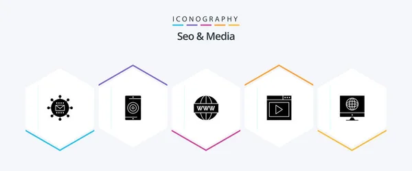 Seo Media Glyph Icon Pack Including Media Interface Optimization Web — Wektor stockowy