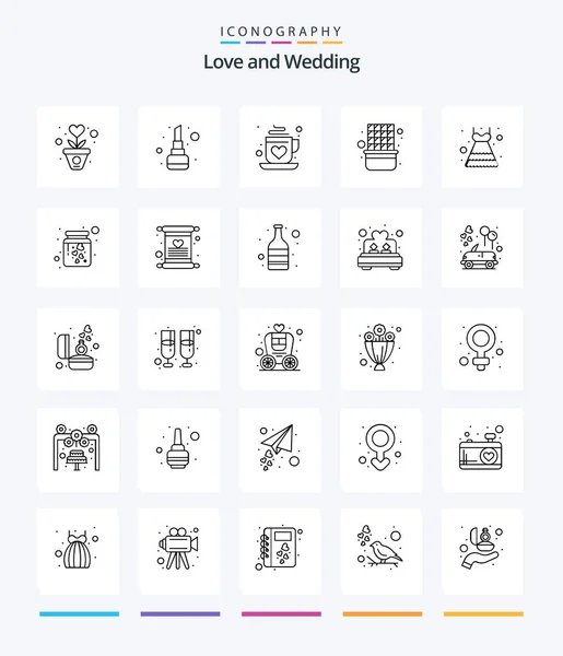 Creative Wedding Outline Icon Pack Dress Sweet Coffee Snack Chocolate — Διανυσματικό Αρχείο