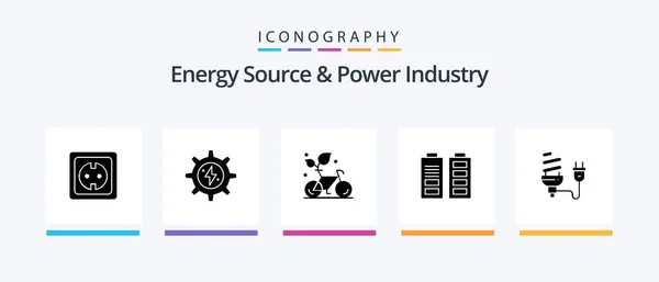 Energy Source Power Industry Glyph Icon Pack Including Full Battery — Stock Vector