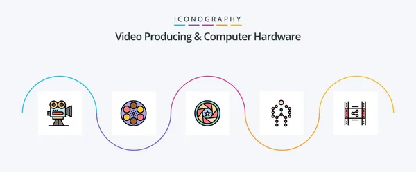 Video Producing Computer Hardware Line Filled Flat Icon Pack Including — Vector de stock