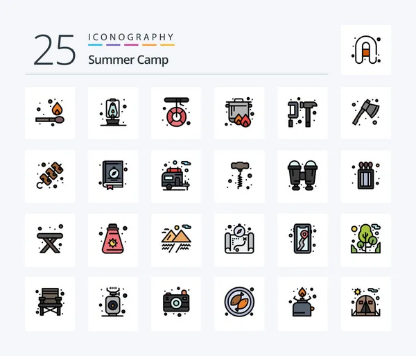 Summer Camp Line Filled Icon Pack Including Engineer Camping Help — Stockvector
