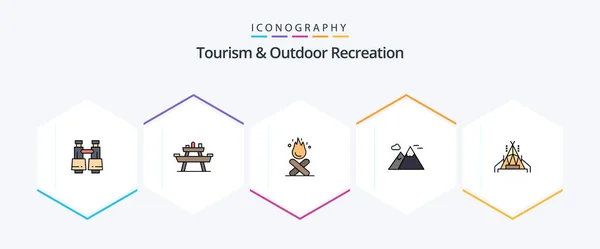 Tourism And Outdoor Recreation 25 FilledLine icon pack including camp. scenery. picnic. nature. fire