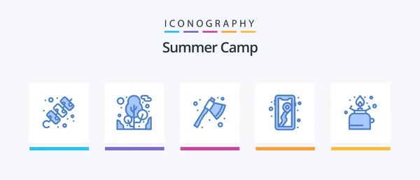Summer Camp Blue Icon Pack Including Gas Camping Axe Camping — Vettoriale Stock