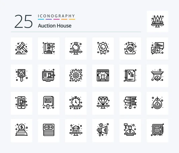 Auction Line Icon Pack Including Mark Quality Law Book Certificate — Διανυσματικό Αρχείο
