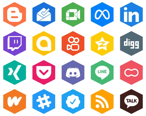 Versatile White Icons Xing Linkedin Tencent Kuaishou Hexagon Flat Color — стоковый вектор