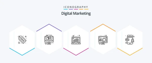 Digital Marketing Line Icon Pack Including Shop Search Analysis Permormance — Stock vektor