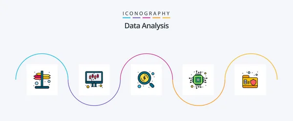Data Analysis Line Filled Flat Icon Pack Including Data Microchip — 图库矢量图片