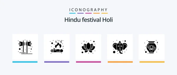Holi Glyph Icon Pack Including Decoration Pot Lotus Hinduism Ganesha — Stock Vector